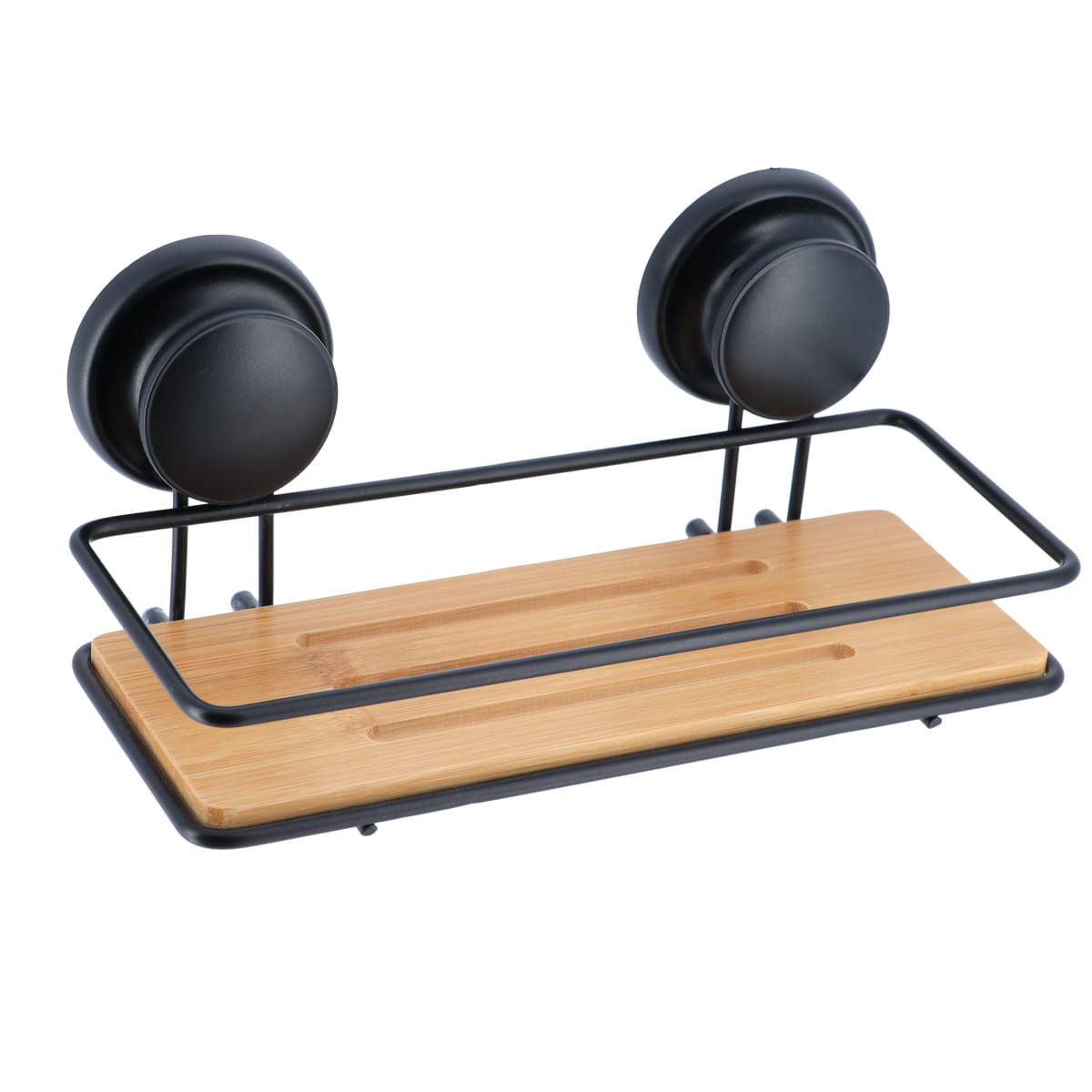 Suporte preto retangular em metal e bambu com ventosas
