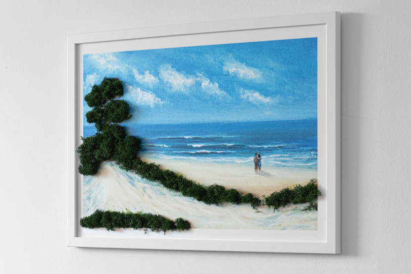 Obraz z mchem - Zakochani na plaży 60x40 cm Biała Rama