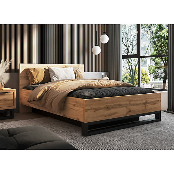 Lit coffre 160x200 style industriel - Collection MILOS. Coloris chene brut et noir.