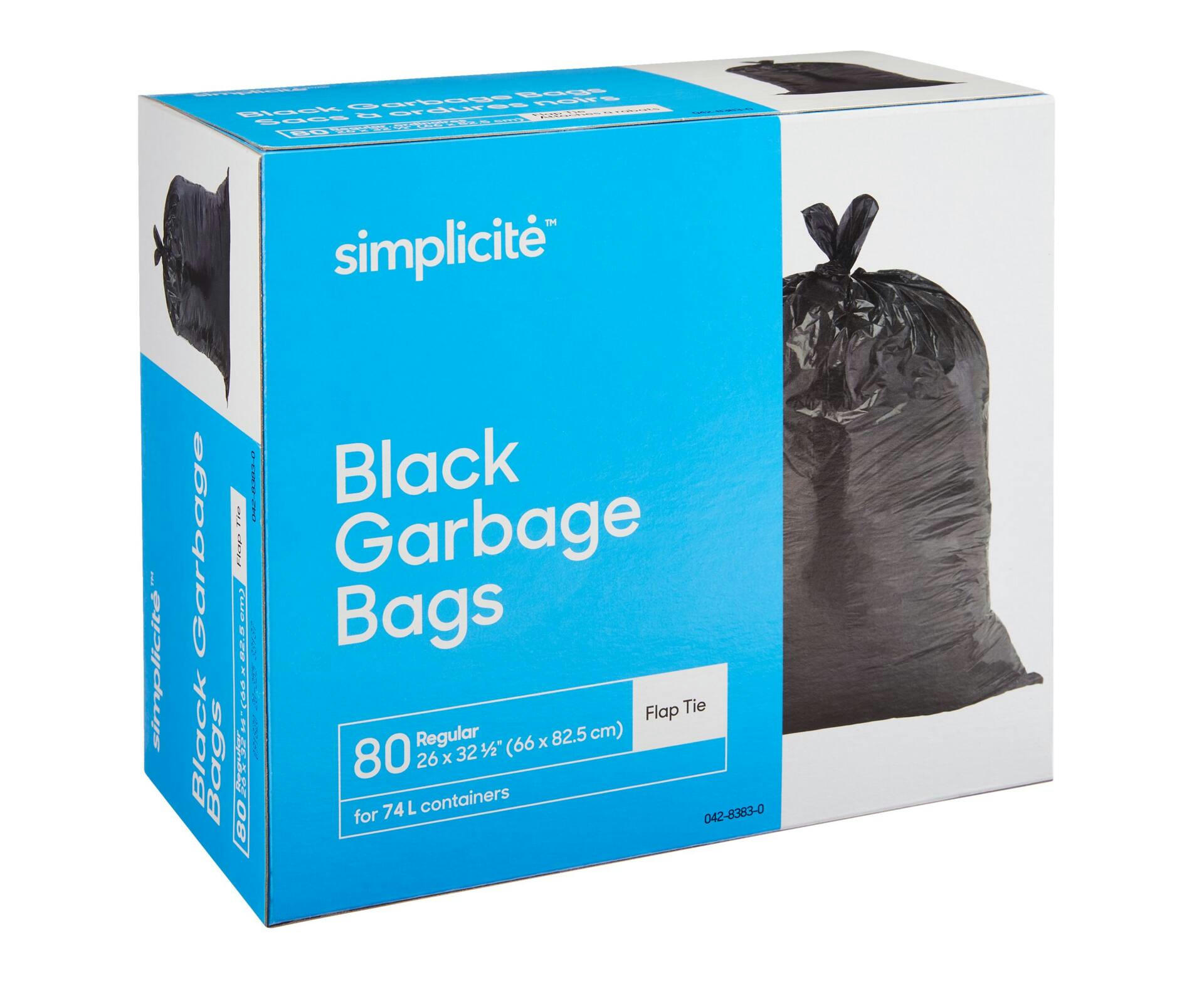 simplicité Regular 4-Flap Ties Outdoor Garbage Bags, 80-pk, Black, 74-L