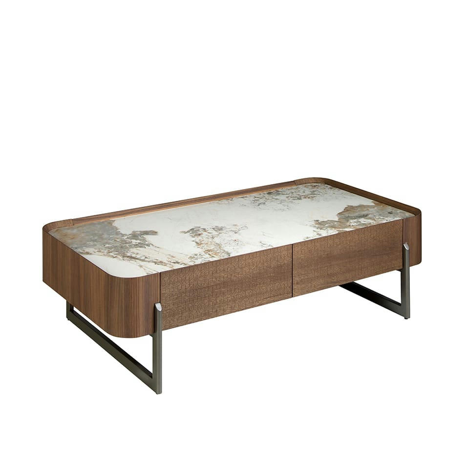 - Table basse rectangulaire en marbre de porcelaine, noyer et acier
