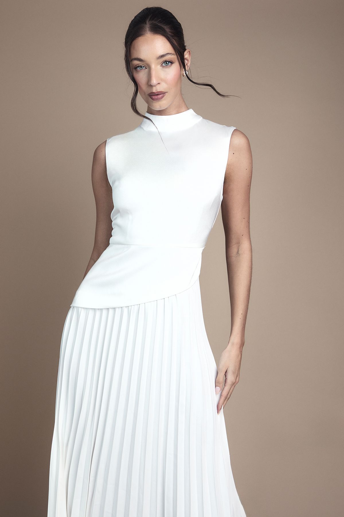 Coast Drape High Neck Pleated Skirt Midi Wedding Dress