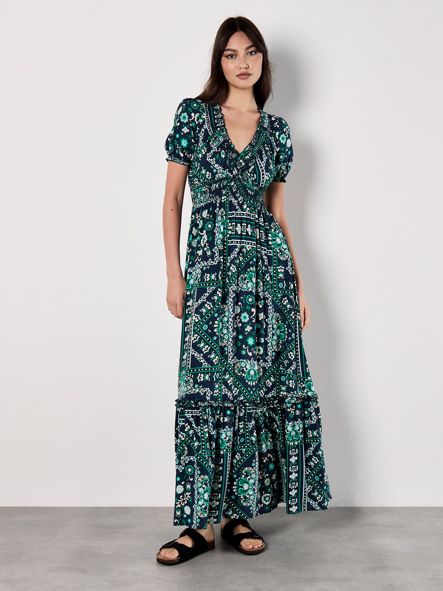 Apricot Scarf Print Smocked Maxi Dress