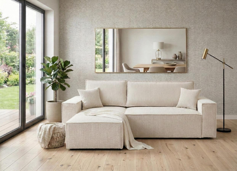 Narożnik Sztruksowy Beżowy 244x145 Rozkładany Monte