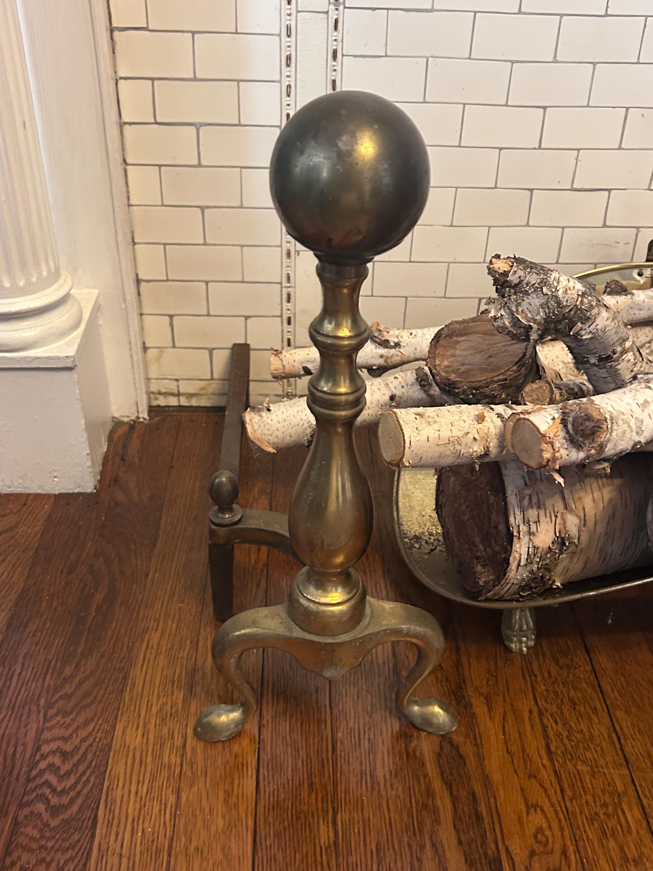 Brass Andirons Pair Cannonball Top Federal Style Fireplace Fire Dogs Antique