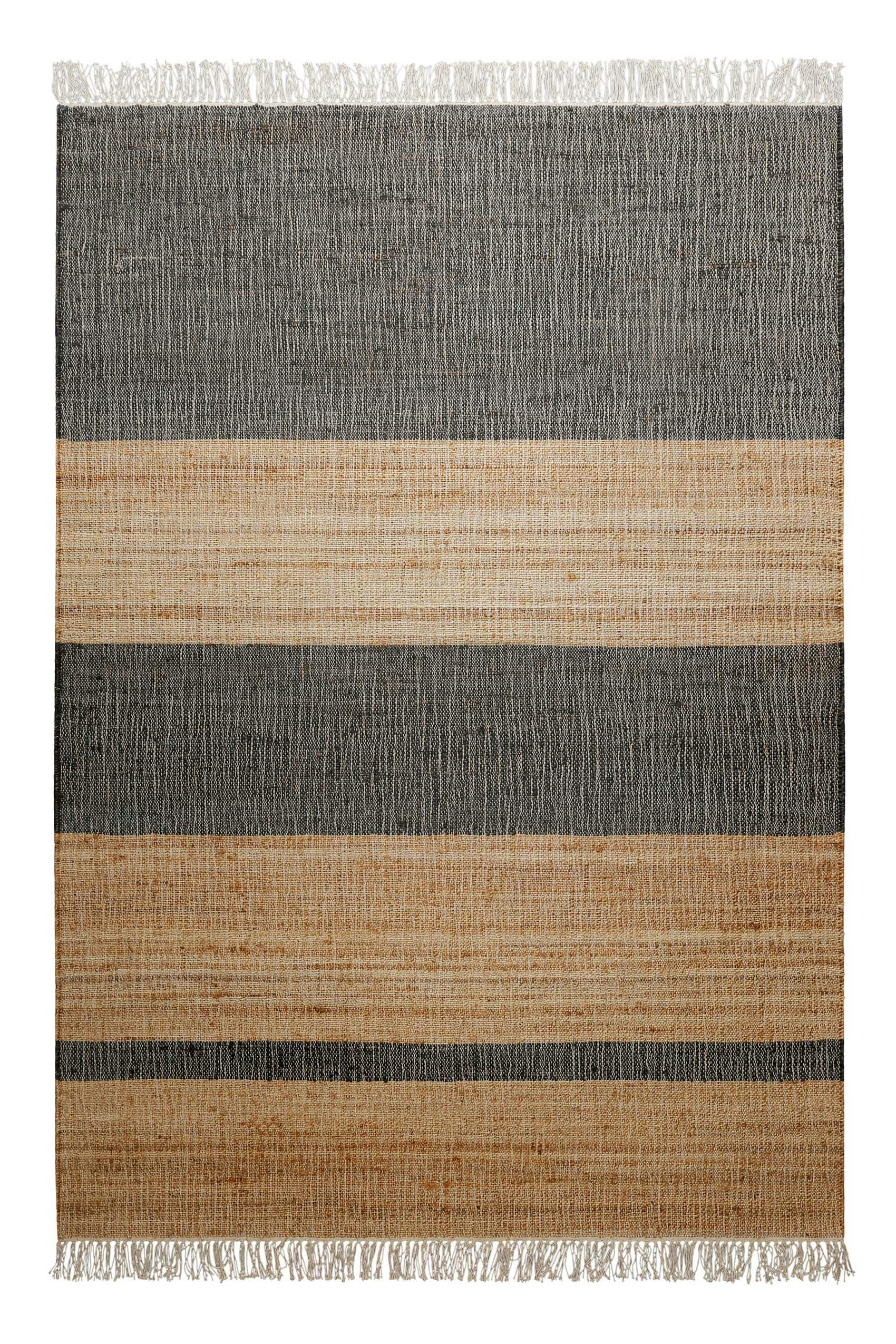 VANTE - Tapis plat tissé main à franges rayé anthracite et brun 130x190