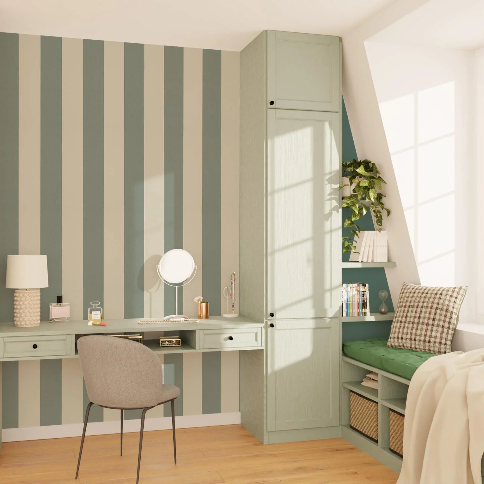 Papier peint vinyle PODIUM STRIPE vert de gris et blanc