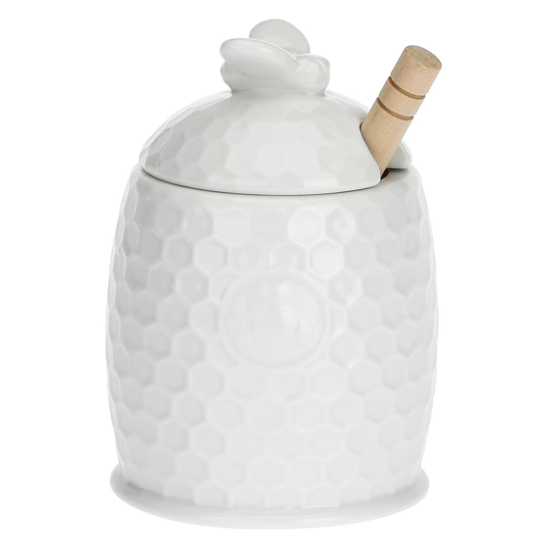 Pojemnik na miód z łyżeczką Aperegina - Biały, 500 ml