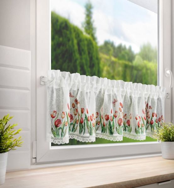 Firana zazdrostka STELLA 30x150 Biała tulipany do kuchni