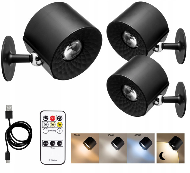 3x Lampa wewnętrzna 360° USB LED ścienna kinkiet 3 barwy 3 moce   tryb noc