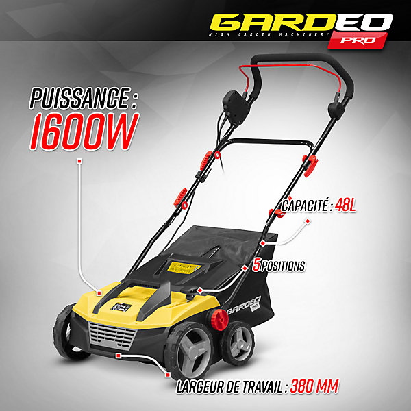 Balayeuse électrique pour gazon synthétique 1600W - 38cm - Bac 48L - Hauteur 5 positions