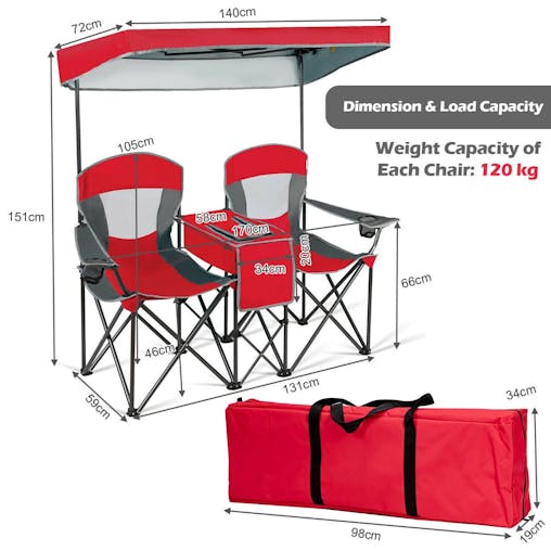NNECW Double Folding Camping Chair with Canopy and Armrests-Red