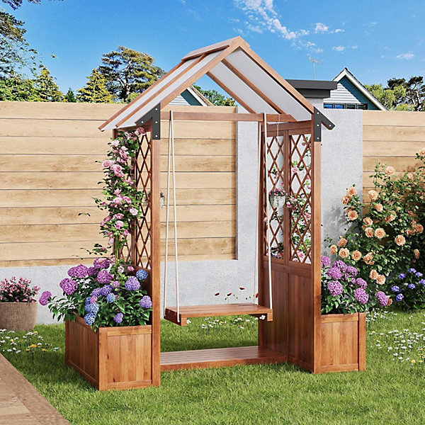 Jardinière en bois avec treillis pour plantes grimpantes, bac à fleurs avec toit en polycarbonate, marron