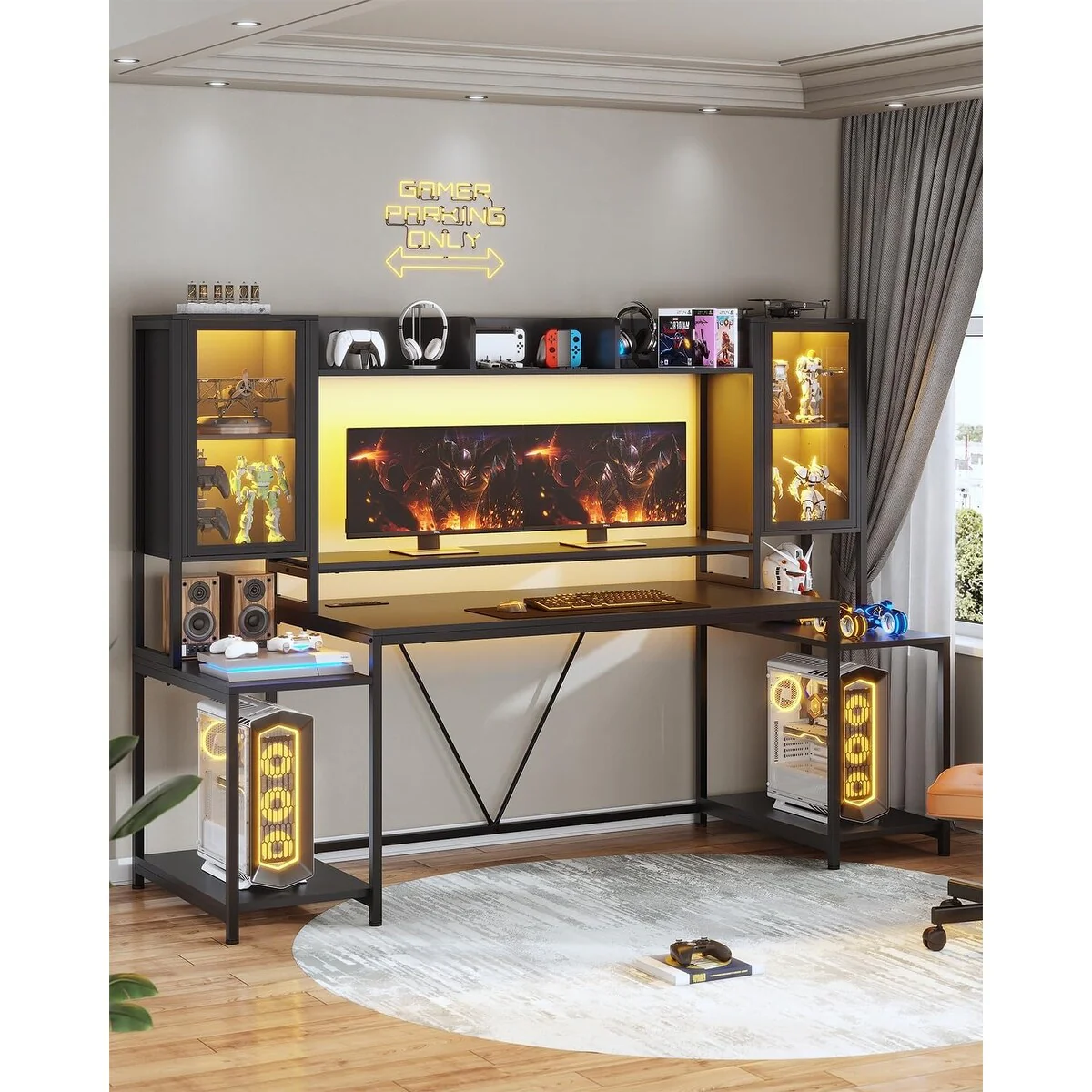 Gaming Desk LED Lights Hutch and Storage Shelves Glass Display Cabinet
