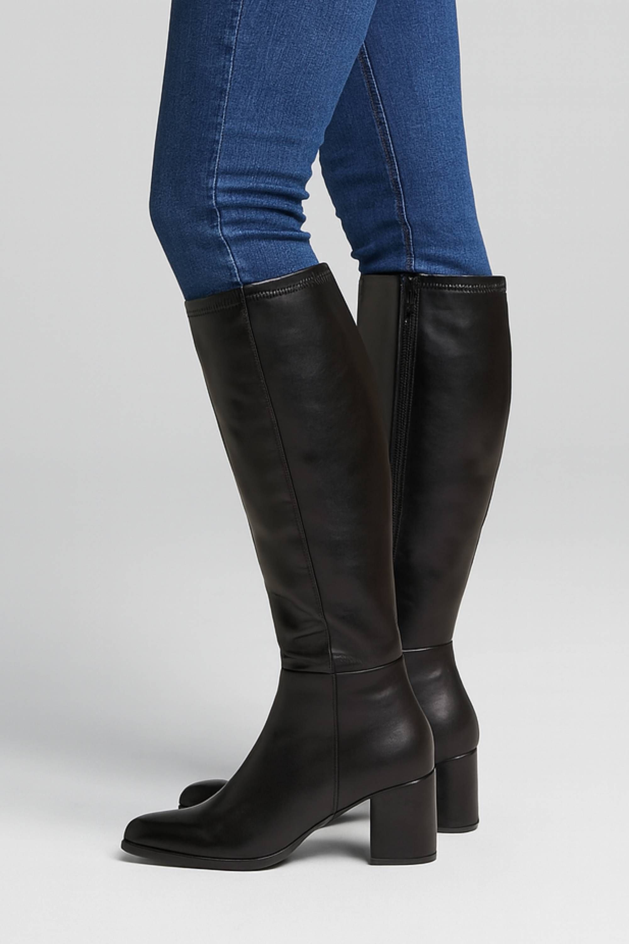 AJVANI Mid Block Heel Pointed Toe Stretchy Riding Calf Boots