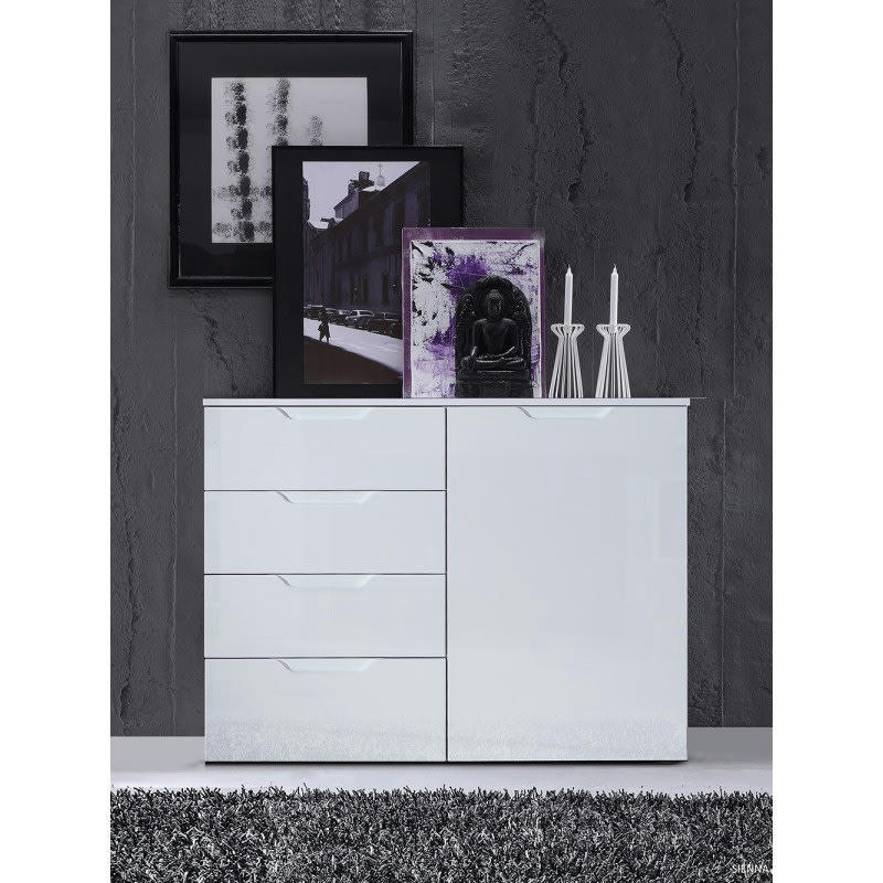 PURE - Commode dressing blanc laqué 1 porte, 4 tiroirs