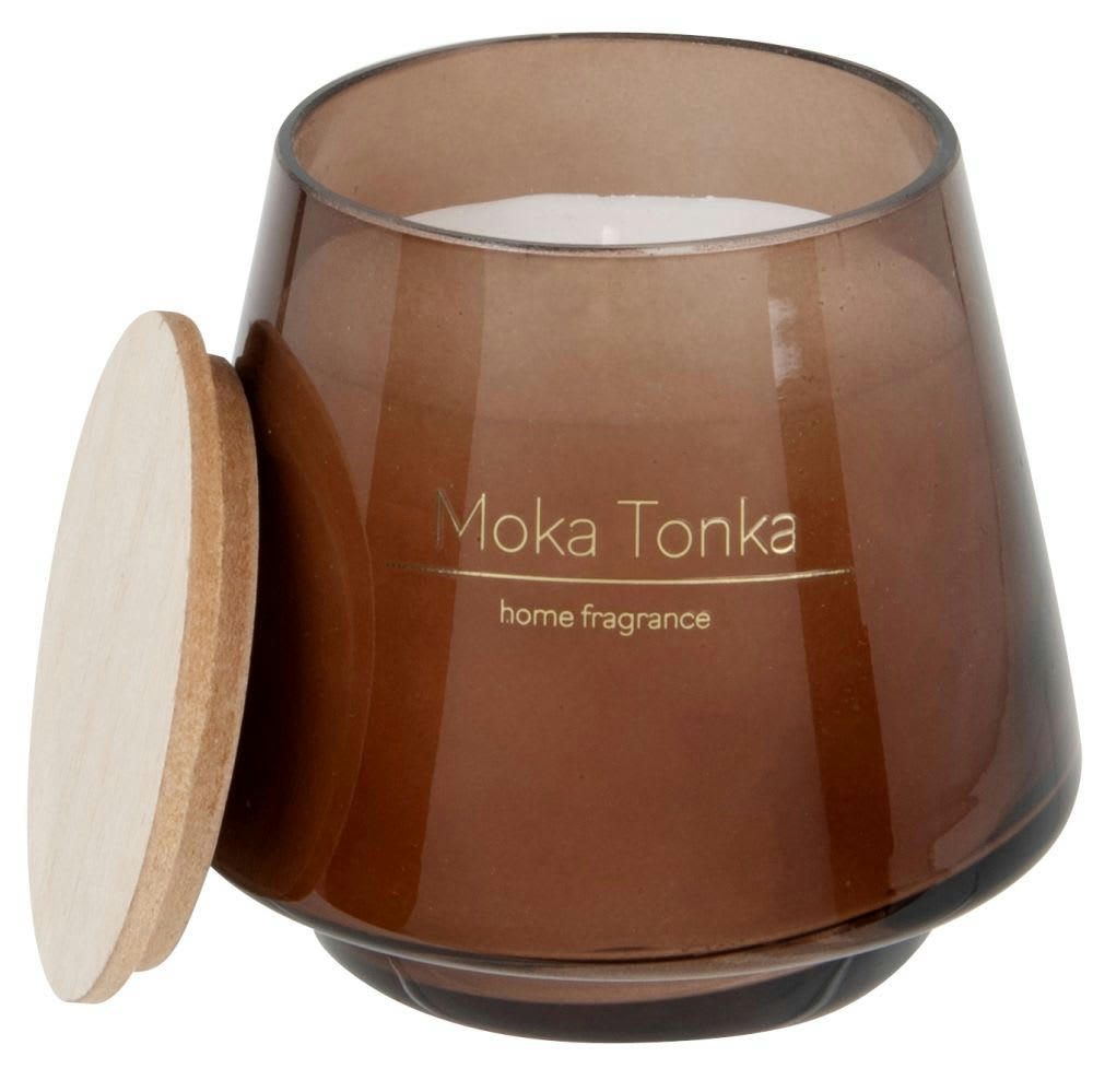 EVY - Bougie parfumée en verre marron et couvercle en bois beige 410g