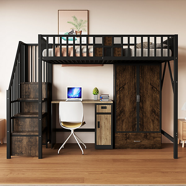 Lit Mezzanine 90x200 cm - avec Armoire, Tiroirs et échelle de Rangement, Garde-Corps Sécurisé, Métal Noir