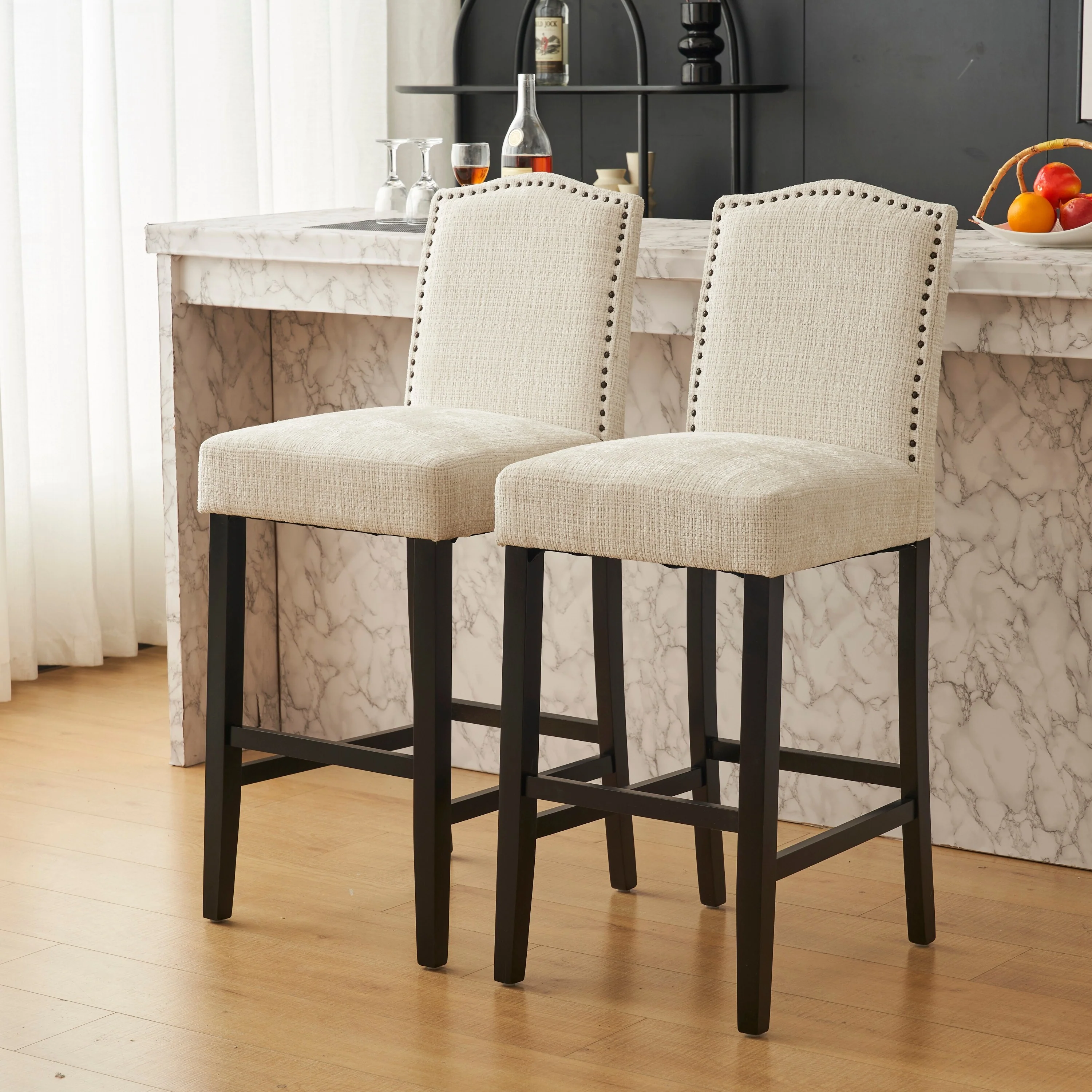 Roomfitters Upholstered Counter Height Barstool Set of 2, Fabric Seat with Rubberwood Legs, Beige