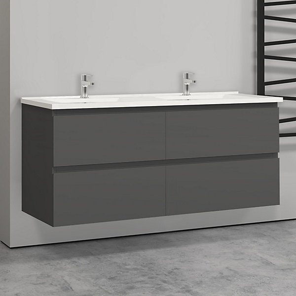 Meuble double vasque, 4tiroirs l.120 x W.46 x H.52 cm,Anthracite,avec lavabo et 2x miroir encadré