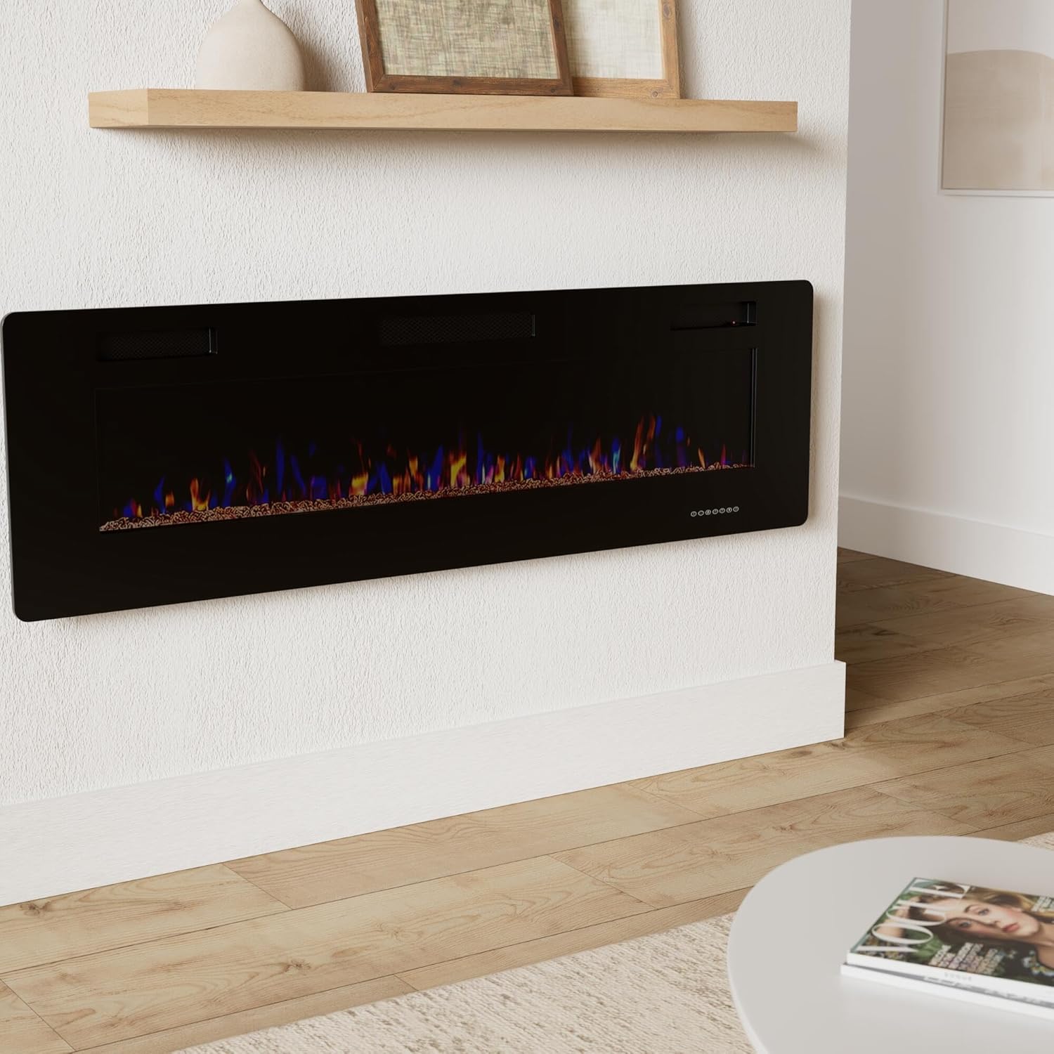 R.W.FLAME 60 Recessed and Wall Mounted Electric Fireplace, Low Noise, Fit for 2 x 6 Stud, Remote Control with Timer, Touch Screen, Adjustable Flame Color and Speed, 750-1500W