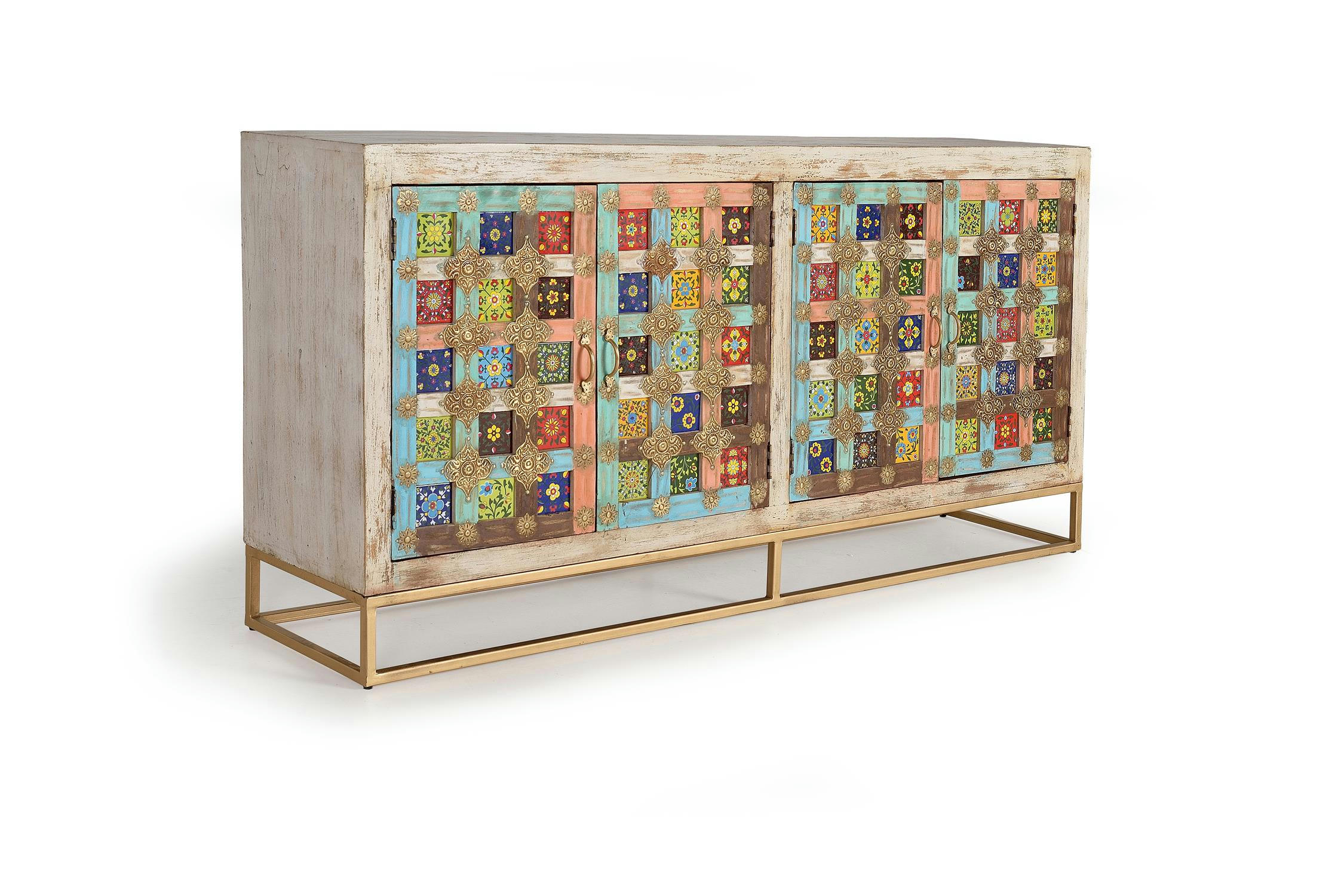 - Buffet en bois de manguier avec details en maiolique et pieds en métal
