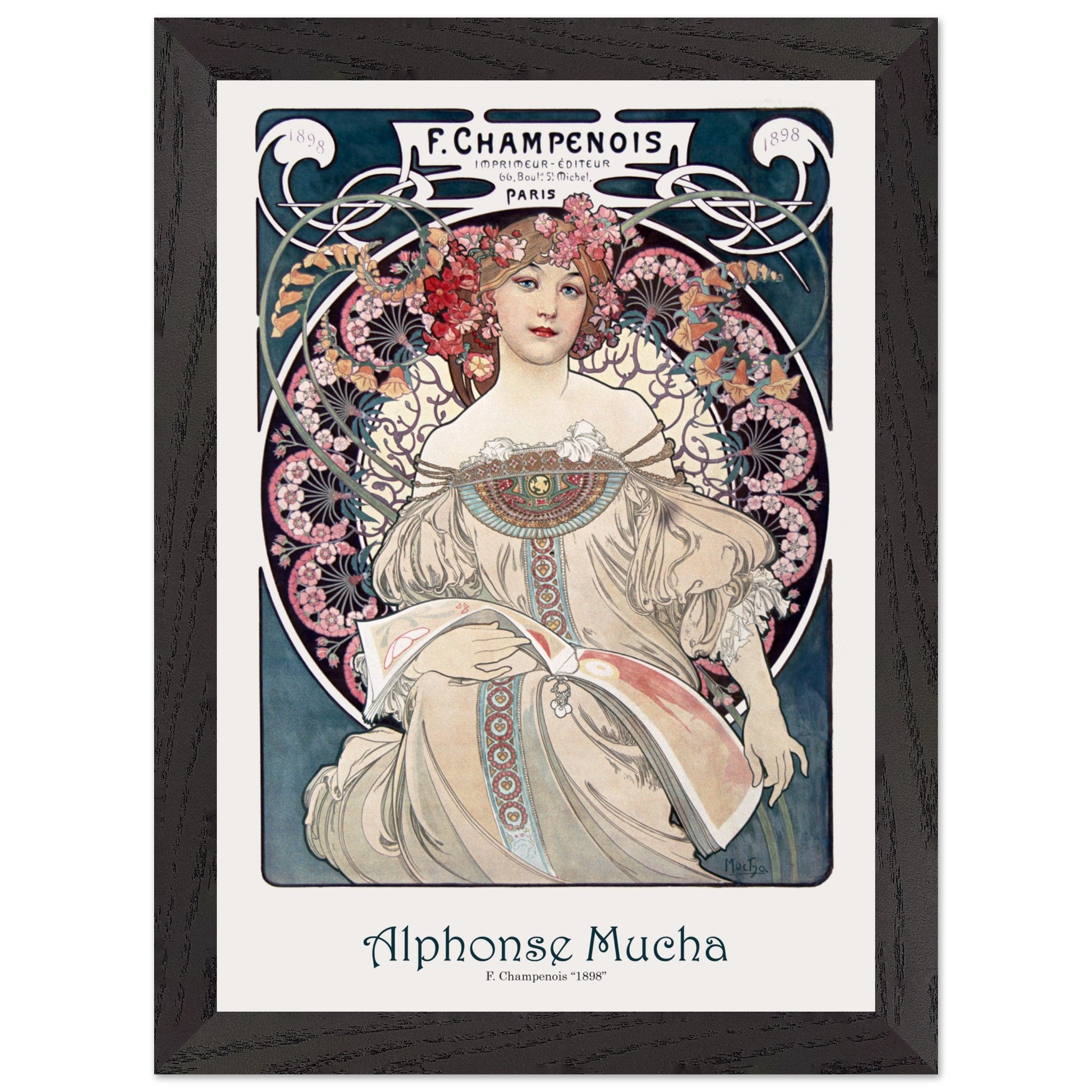 Artfulprints Poster met Lijst Alphonse Mucha - F. Champenois  - A4 21x29.7 cm - Blauw
