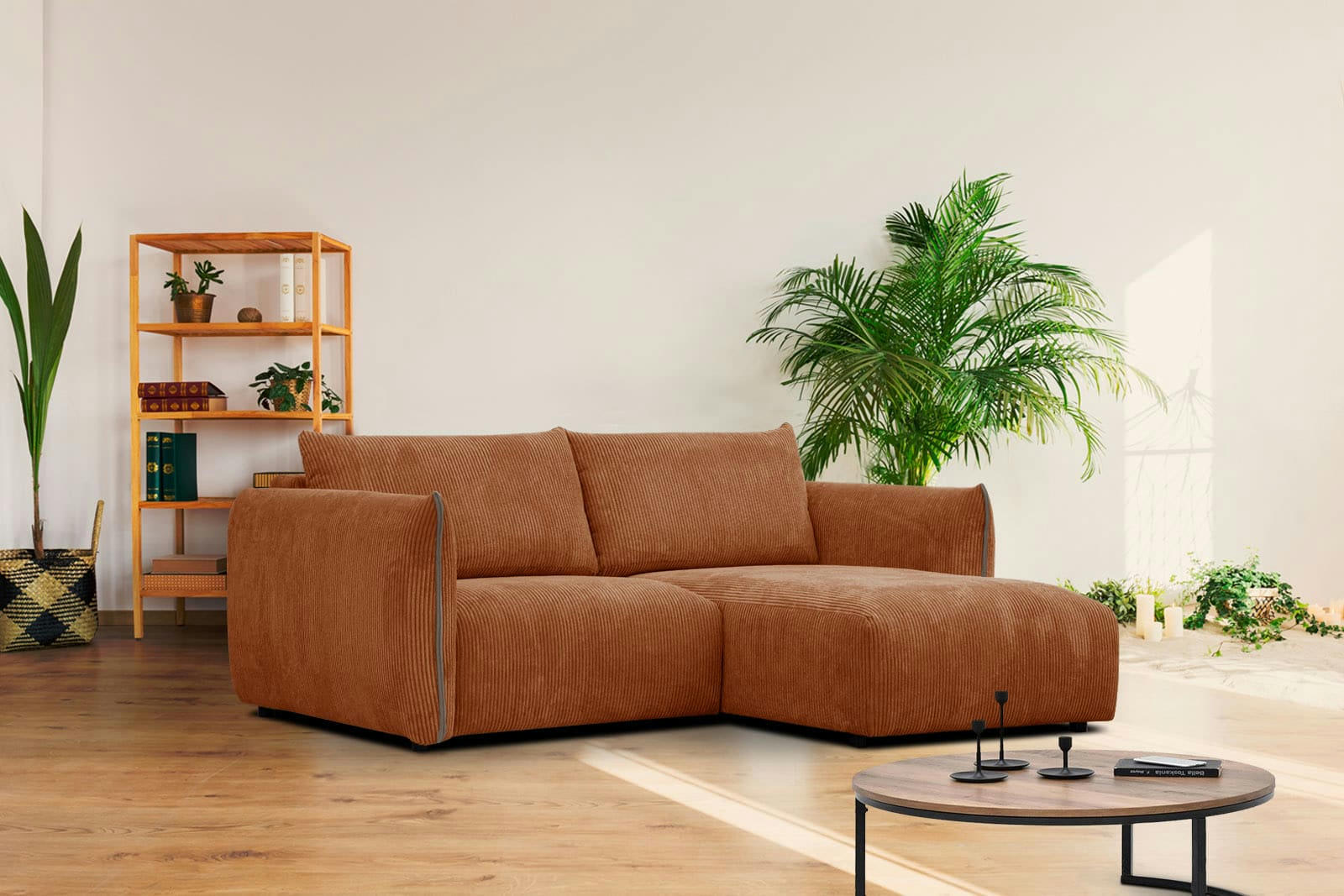 TAUER - Canapé d'angle droit 3 places tissu marron