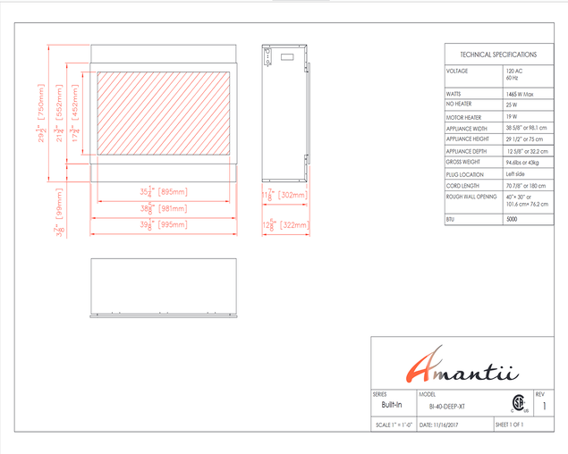 Amantii Smart 40&Prime; Wide &ndash; Deep Indoor or Outdoor Electric Built-in only with Black Steel Surround