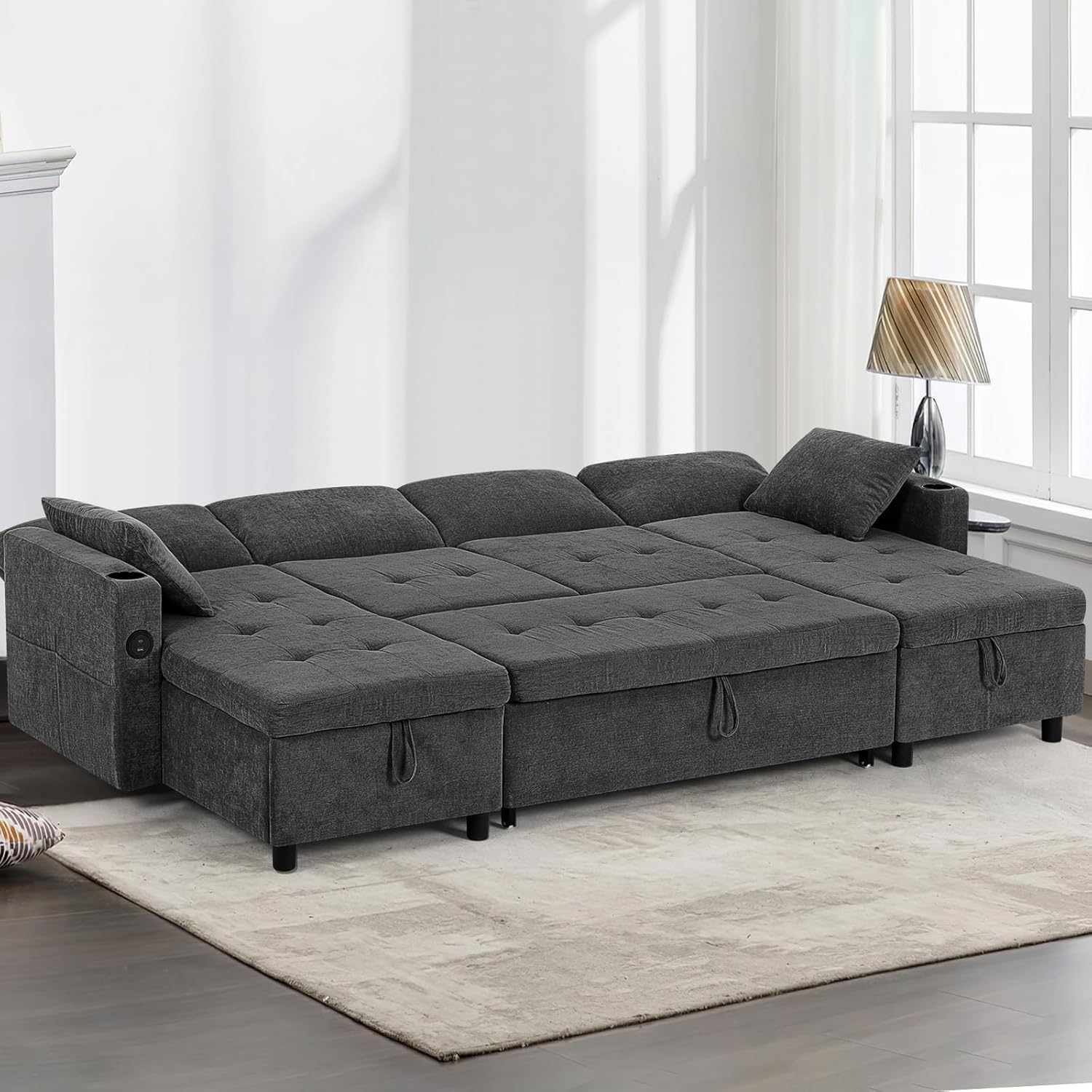 110 Fabric Pull-Out Couch Bed w/Adjustable Backrests, Sectional Sleeper Sofa w/USB Ports & 2 Cup Holders, Upholstered U-Shaped Couch w/Storage Chaise for Living Room, House, Grey