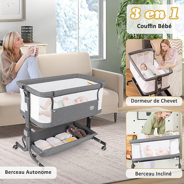 Berceau Cododo Lit Bebe Pliable 3 en 1 avec 6 Hauteur Réglable Angle Inclinaison Berceau Bébé évolutif avec Rangement Gris