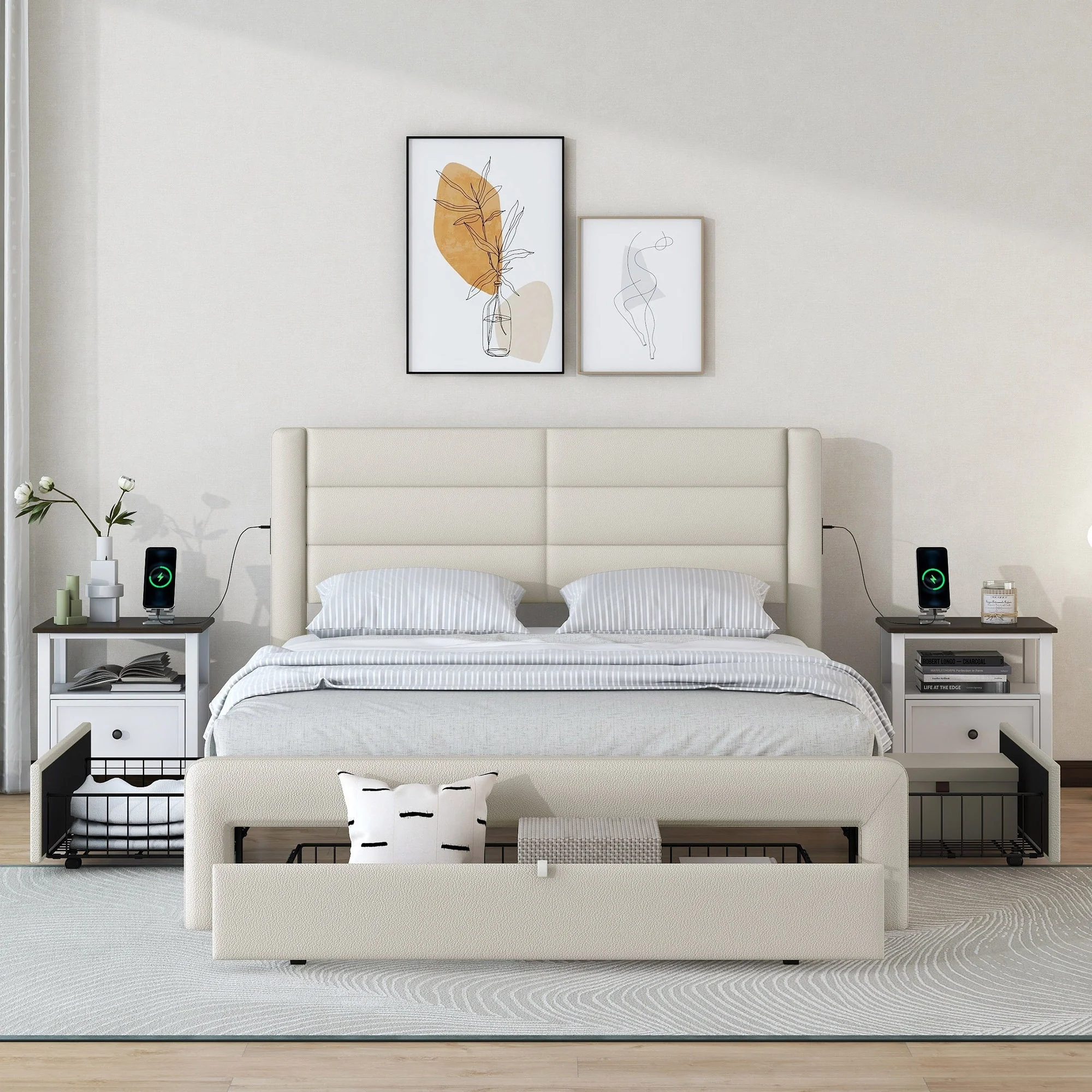 Leather Upholstered Queen Size Bed Frame with Drawers Storage
