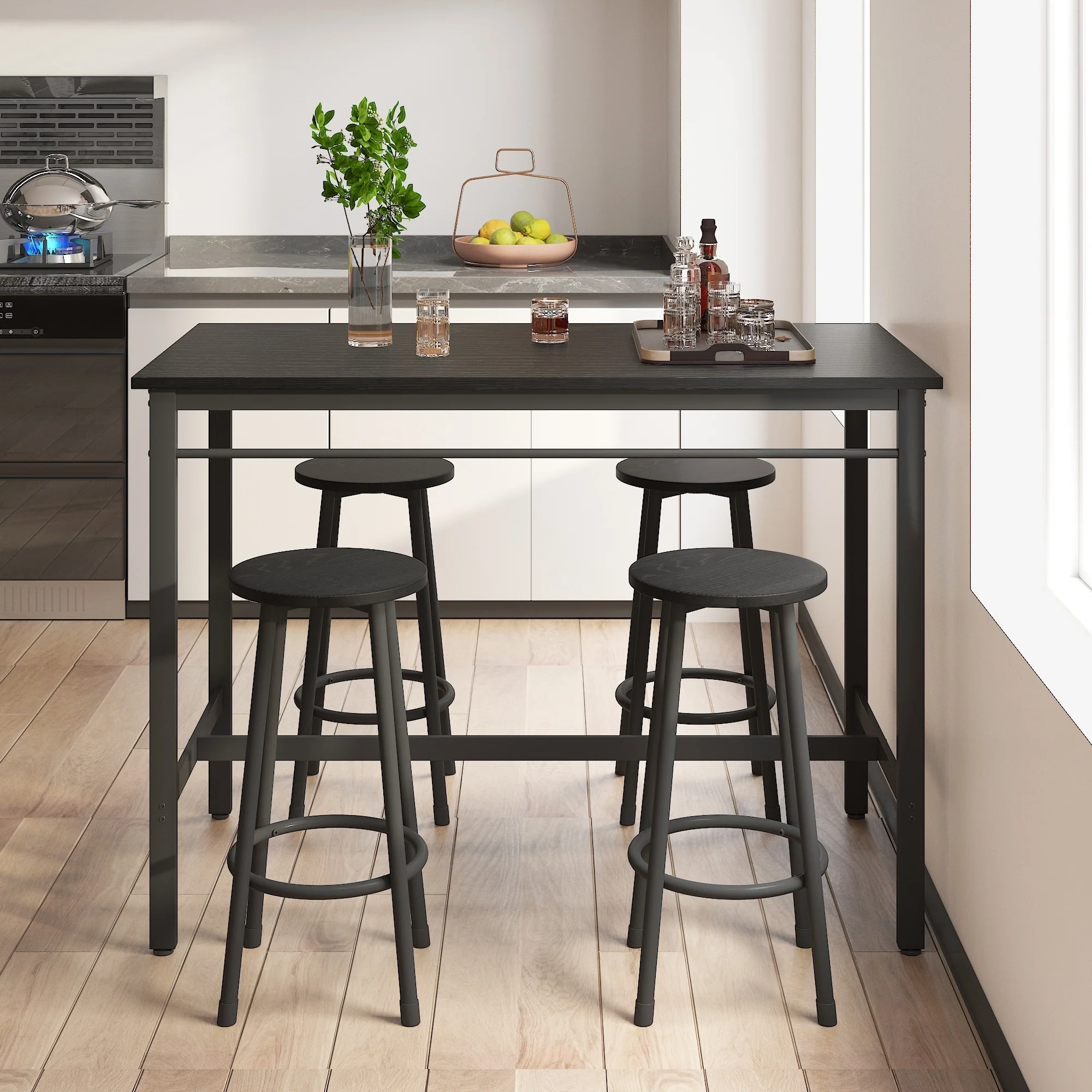 5-Piece Rural Kitchen Table Set with Four Bar Stools, Metal Frame, and MDF
