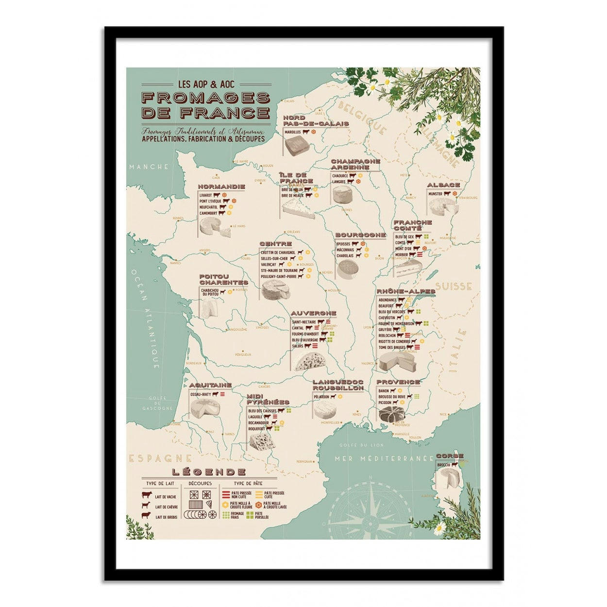 FROG POSTERS - CARTE DES FROMAGES DE FRANCE - FROG POSTERS - Affiche d'art 30 x 40 cm