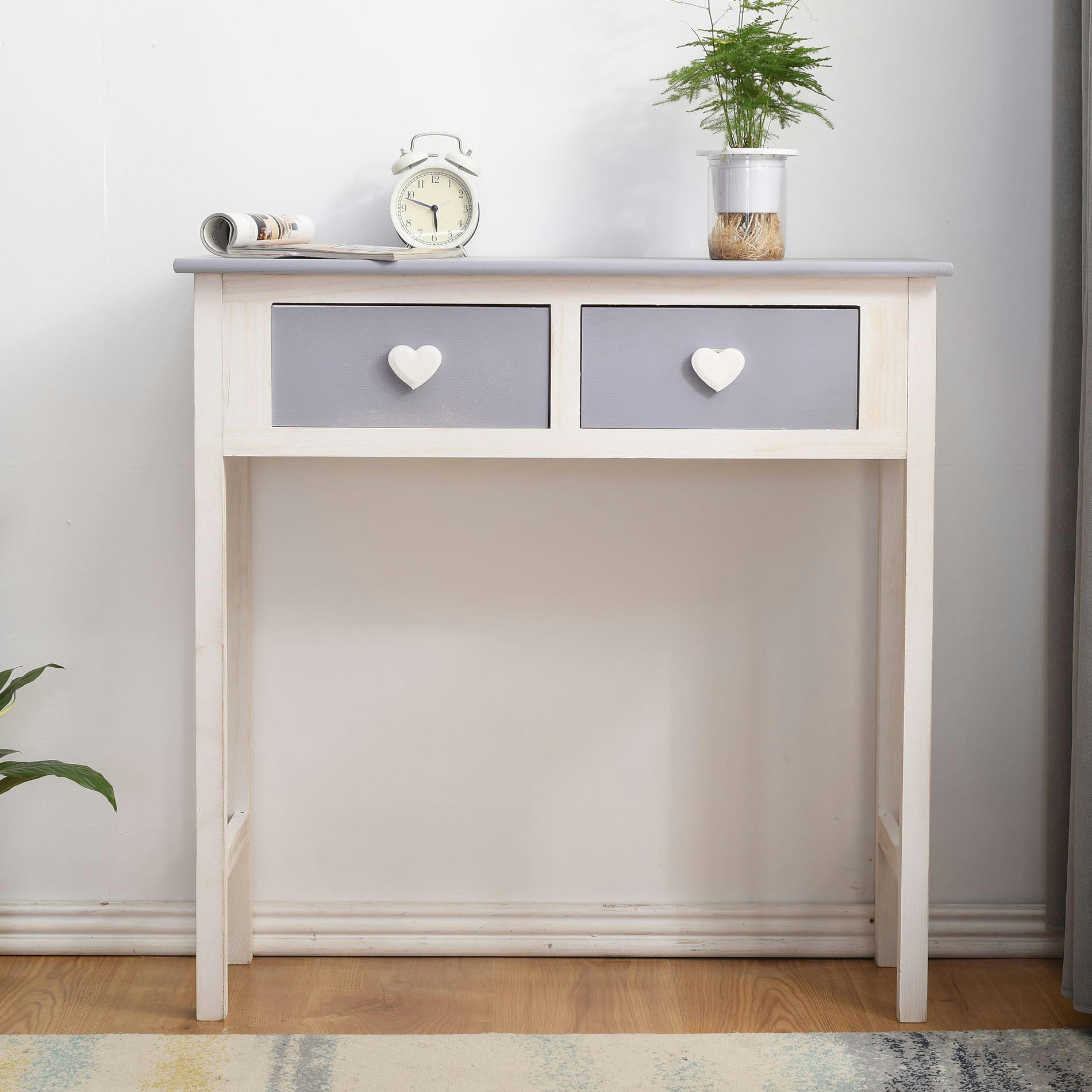 CUORE - Console d'entrée avec 2 tiroirs en MDF et paulownia blanc et gris