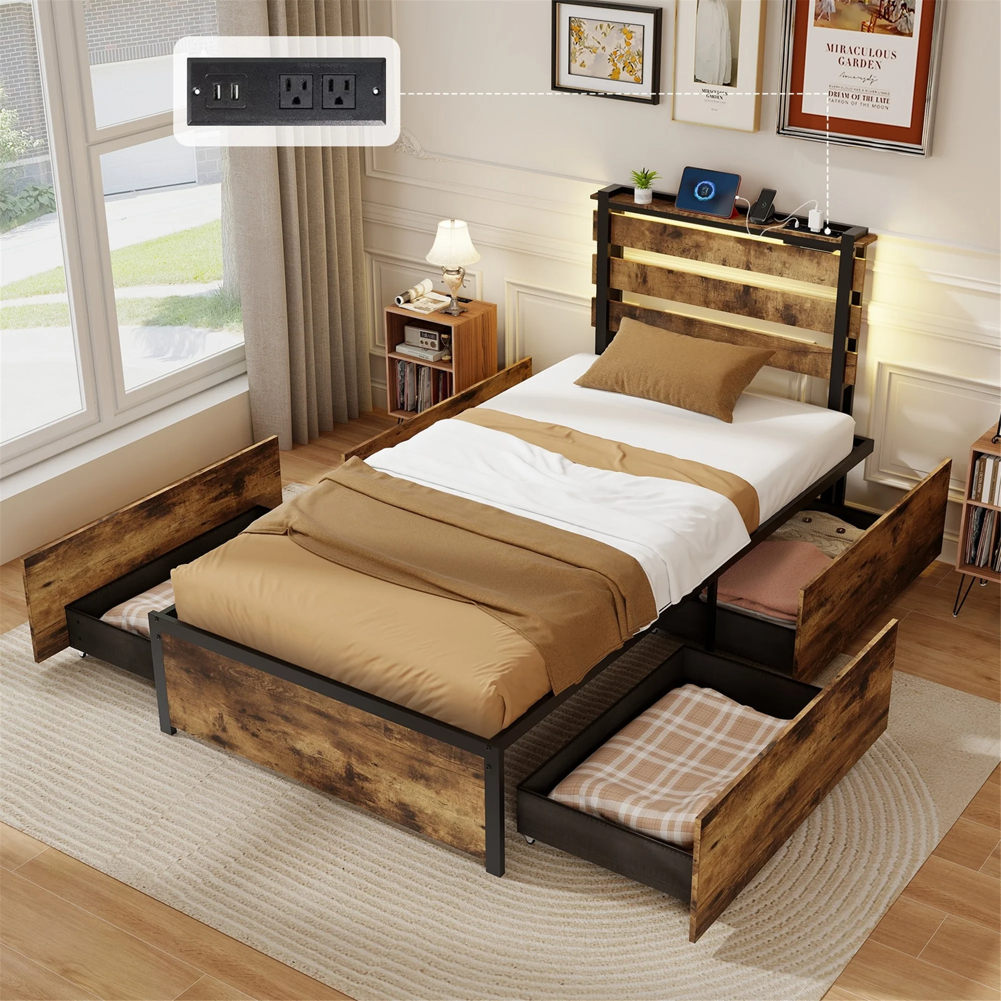 Gymax Twin Size Bed Frame w/ Drawers LED Lights Outlets & USB Ports