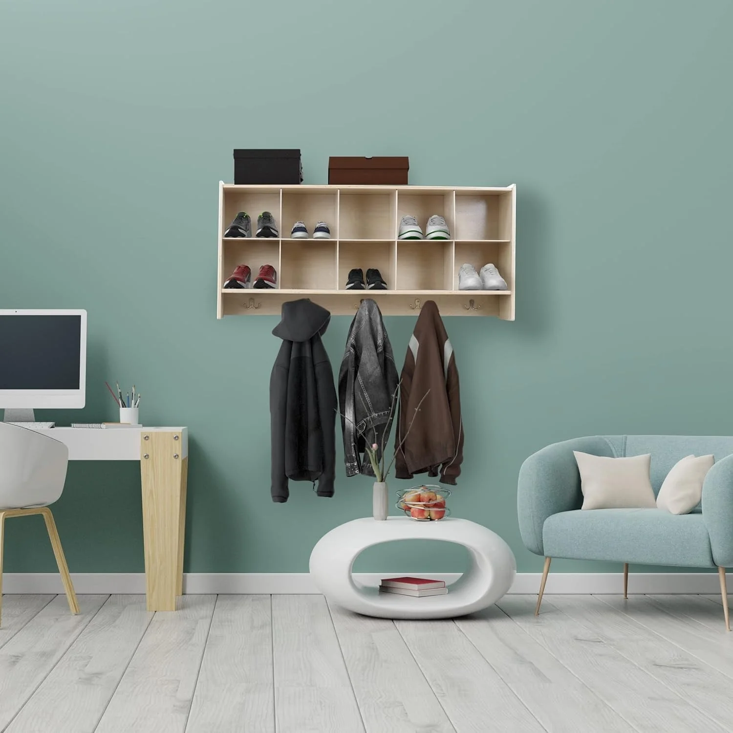 RRI Goods 10-Section Wall Mount Storage Cubby Organizer & Coat Locker with Shelf, Hanging Wall Organizer with Hooks