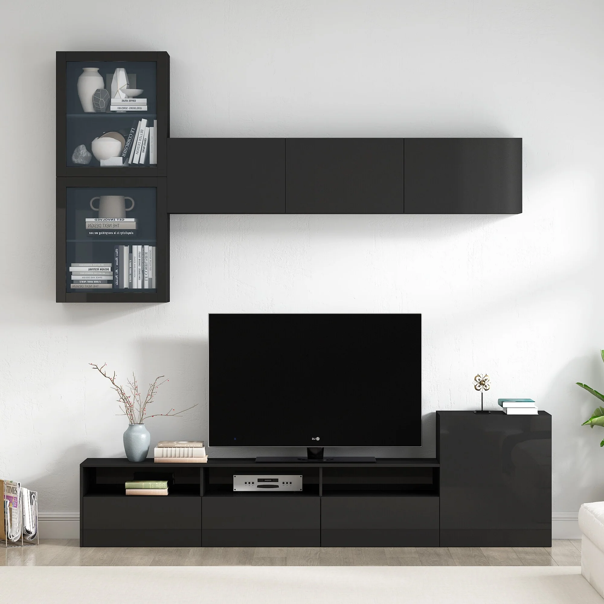 High Gloss TV Stand for TVs Up to 78, Wood Media Console Entertainment Center with Wall Mounted Floating Storage Cabinets