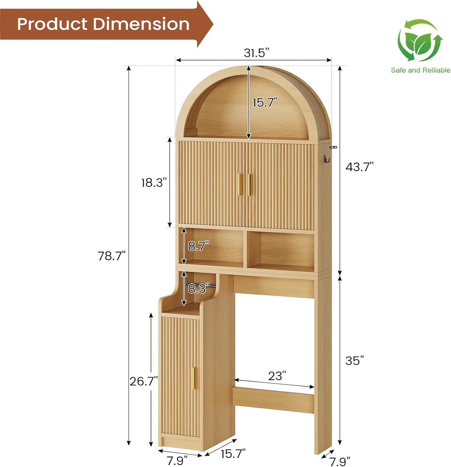 Itaar Arched Over The Toilet Storage Cabinet, 78.7 H Fluted Bathroom Organizer with Reversible Side Cabinet, Adjustable Shelves, Anti-Tipping, Hooks & Paper Holder for Bathroom Laundry Room, Oak