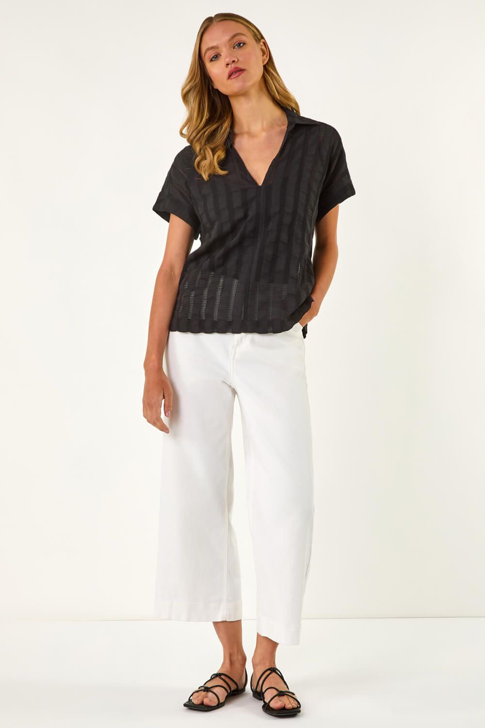 Roman Textured Collar V-Neck Top