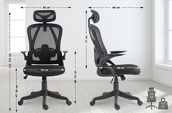 Chaise de bureau Taos, Chaise de bureau ergonomique avec appui-tête et accoudoirs, Chaise pivotante réglable en hauteur Noir