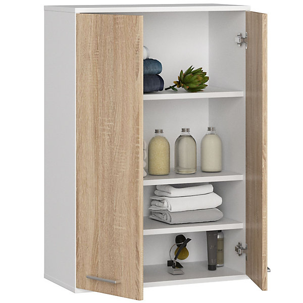 Armoire salle de bains suspendue AKORD FIN Blanche 64 cm 2 portes pleine Chêne Sonoma 4 étagères 64x30x94 cm