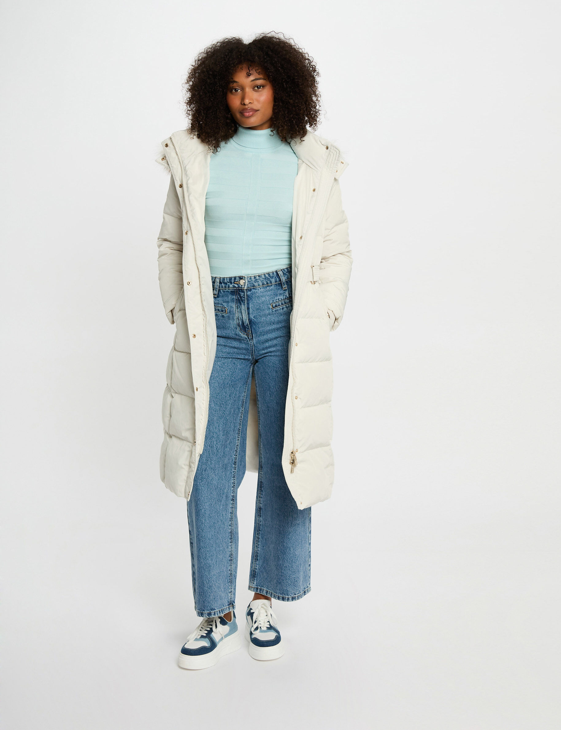 Long Padded Jacket With Hood Ivory Women