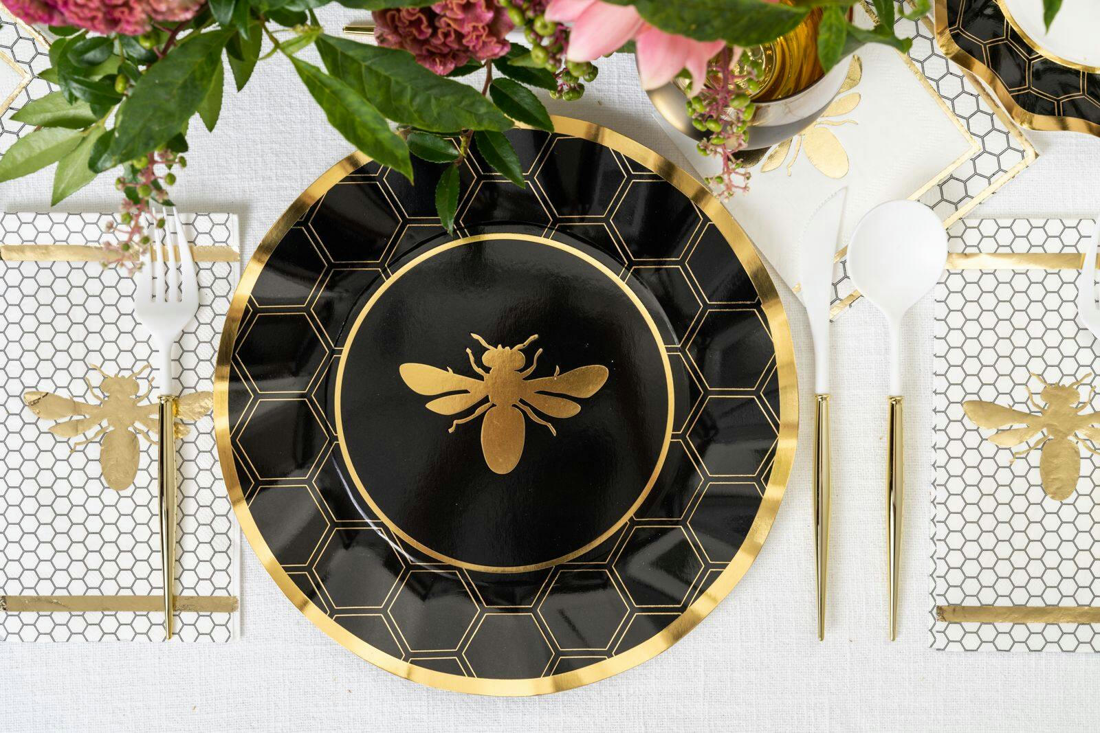 Sophistiplate Honeybee Round Bordered Trimmed Paper Disposable Dinner Plates, Black/Gold, 10-in, 8-pk, for Bridal Shower/Brunch/Mother's Day/Easter