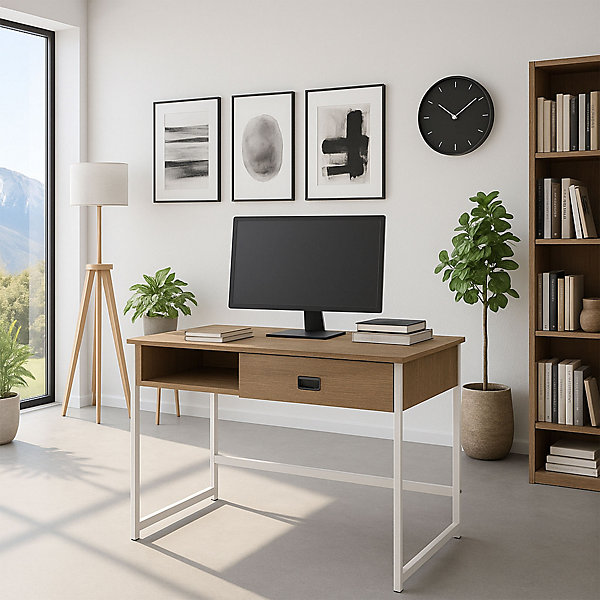 Otari - Bureau style industriel oak avec tiroir et niche ouverte, 110x50xH76 cm