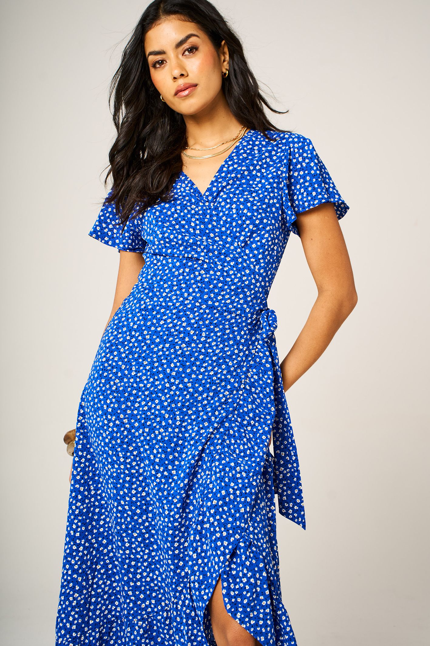 FS Collection Angel Sleeve Floral Wrap Midi Dress with Hem Frill Detail