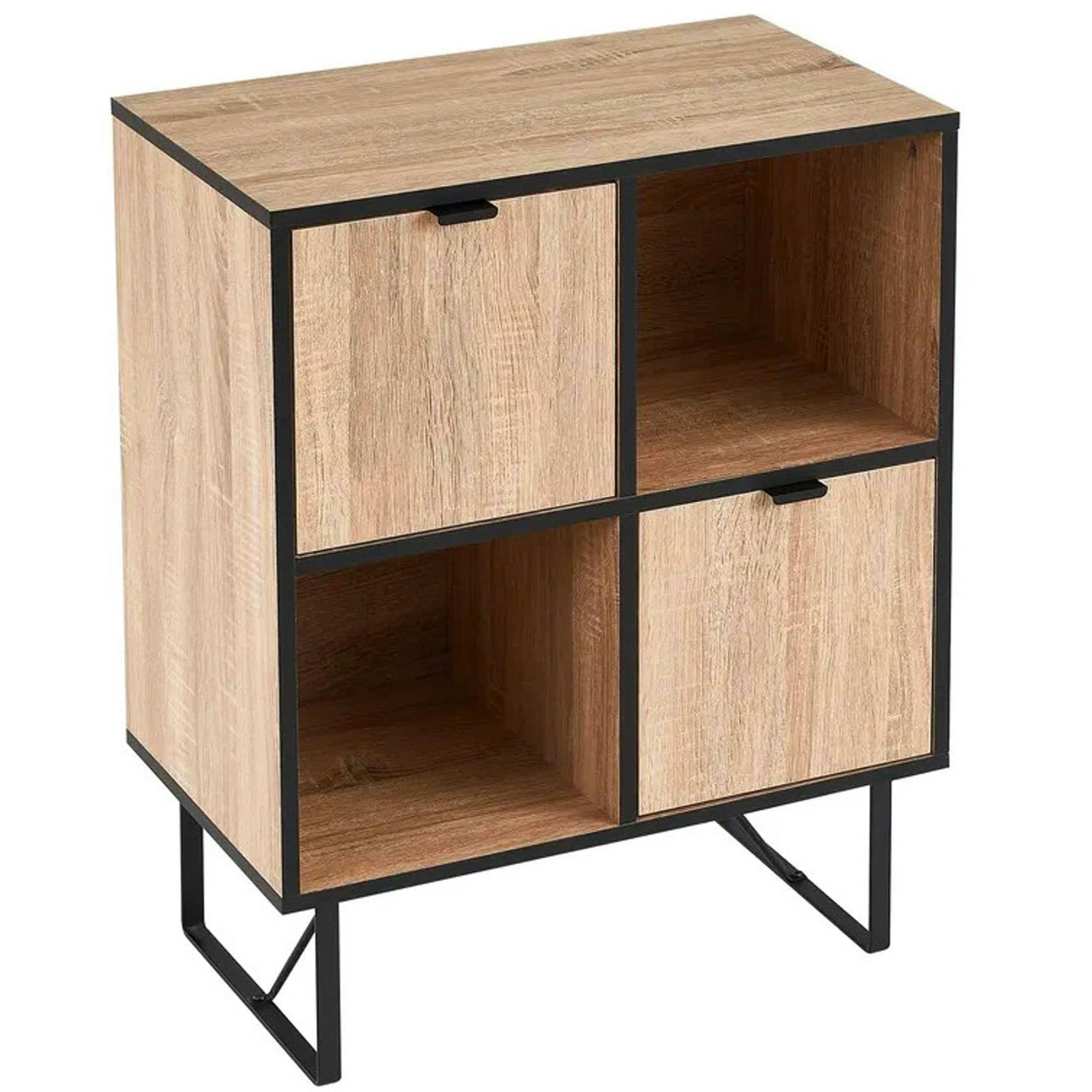 - Commode 4 casiers 2 portes bois et métal noir - 60x35x78cm