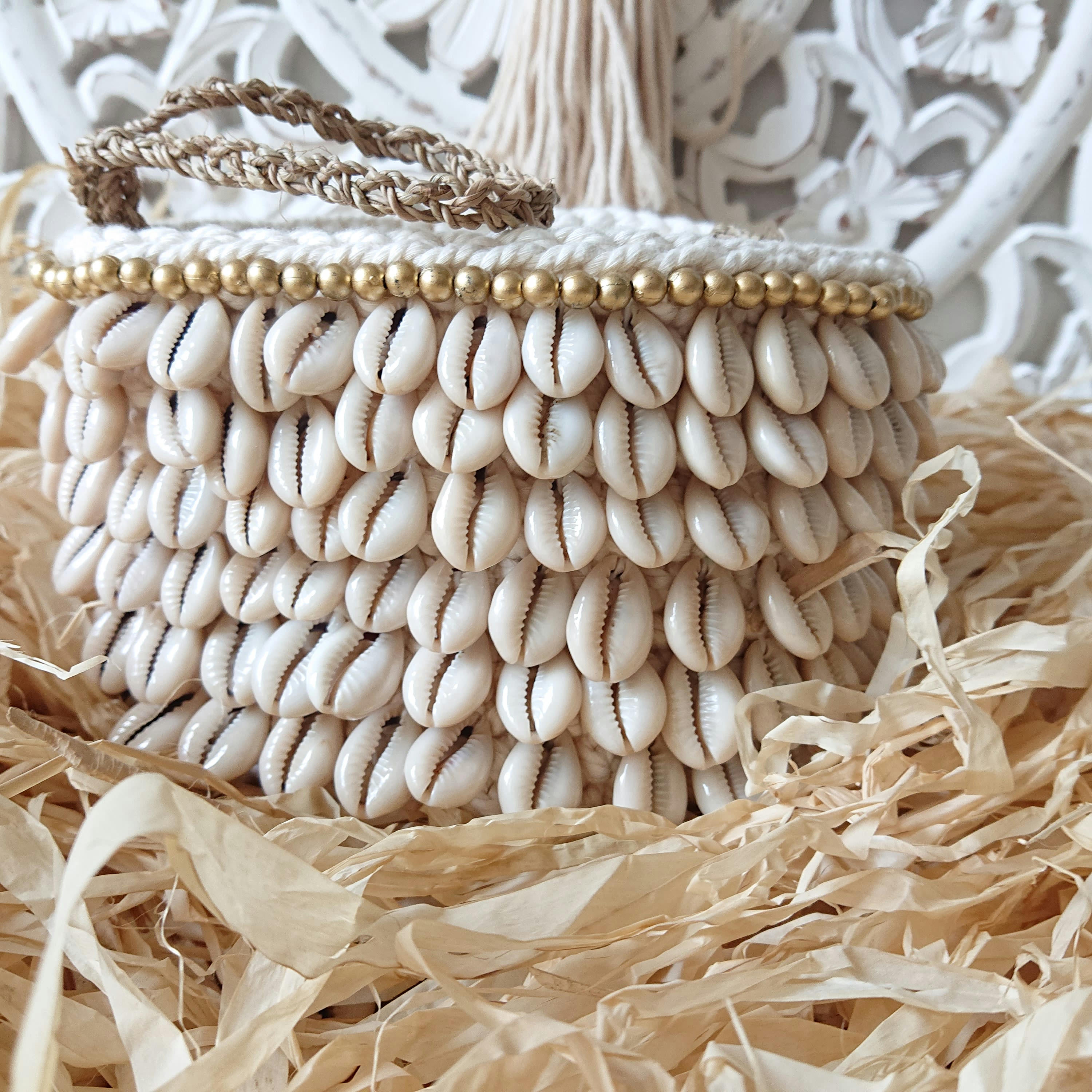 CARA - Panier en crochet et coquillages, blanc D17xH15 cm