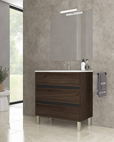 Ensemble de salle de bain meuble 80cm STAY THREE EDGE bois foncé - Vasque - Miroir - Applique