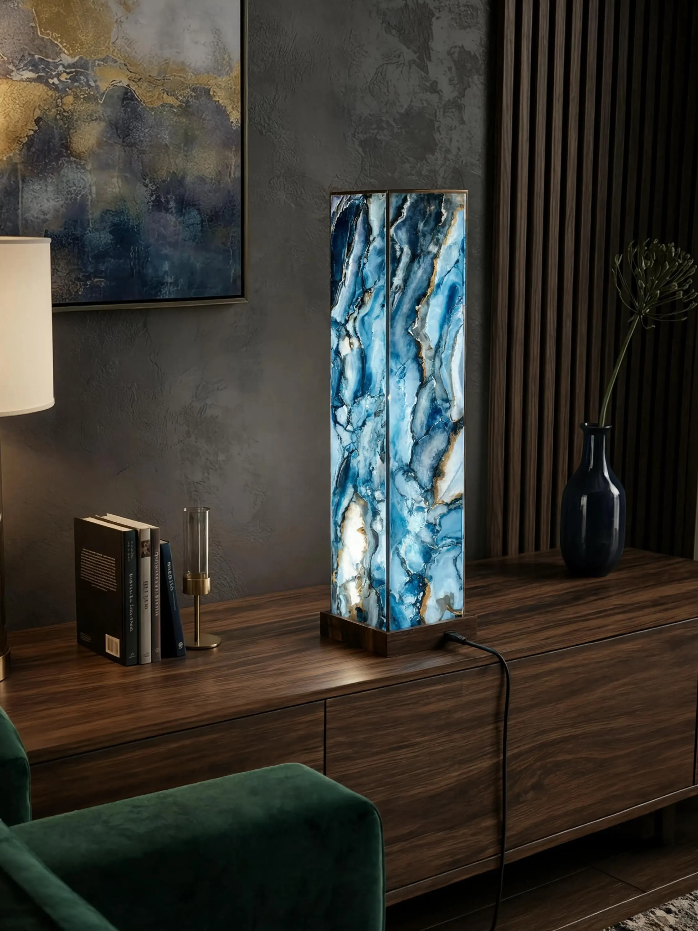 Rare Blue Agate Table Lamp | Tower Lamp | Lighted Natural Gemstone Sculpture | Luxury Home Decor